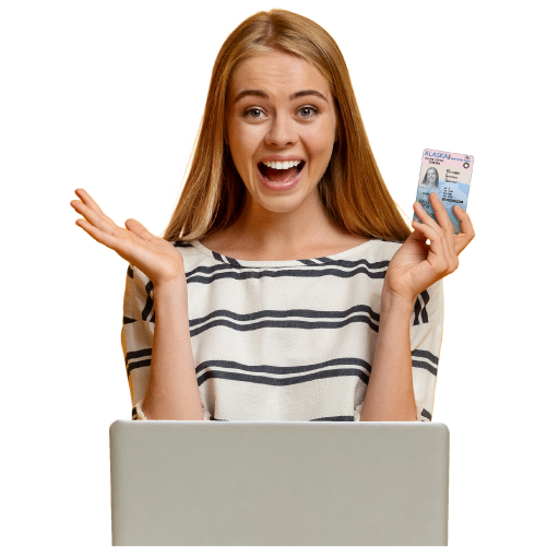 Lady on computer holding Alaska ID