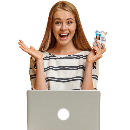 mi-excited-girl Lady on computer holding Michigan ID